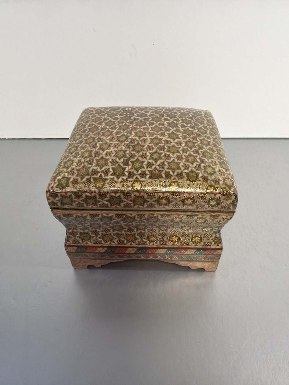Vintage Persian Khatamkari Inlaid Wood Footed Jewelry Box 4x4